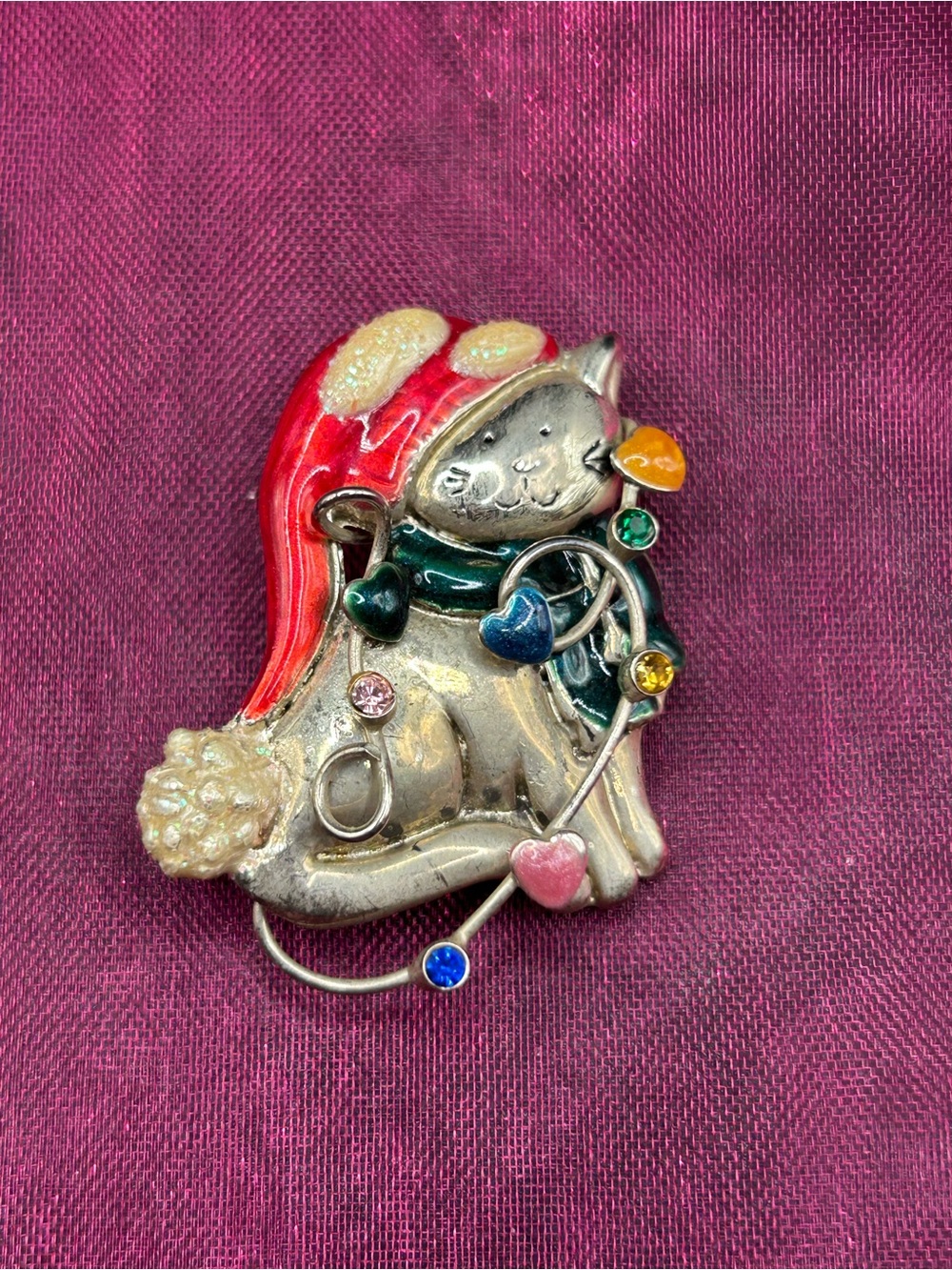Vintage Whimsical Cat Brooch with Colorful Enamel Hearts